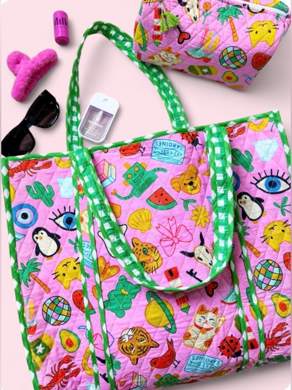 Folklore Lucky Vibes Quilted Pink Tote & Cosmetic Bag Bundle